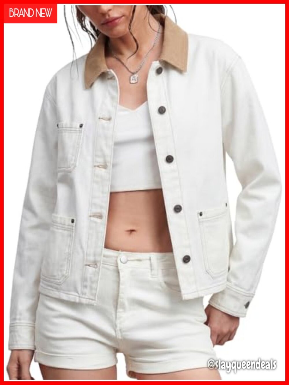 Women's Denim Jacket Corduroy Collar Loose Fit Button Down Jean Shacket